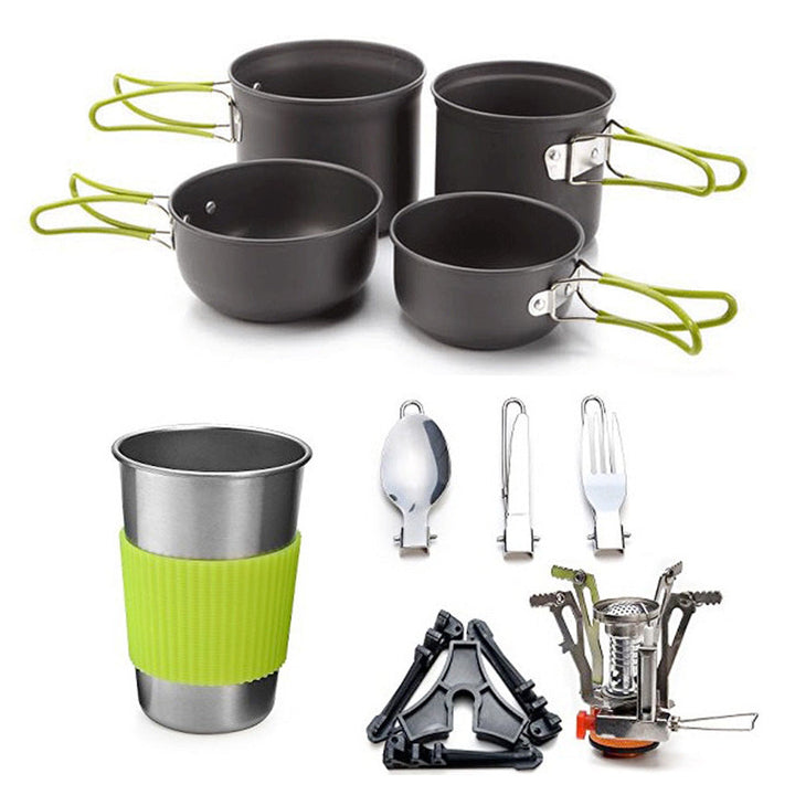 lightweight portable camping cookware and compact backpacking stove set with nonstick nesting pots folding handles stainless steel cup and nesting utensils Kalsten