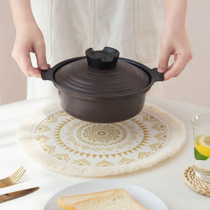 Round woven placemat with fringes and mandala jacquard structure Kalsten