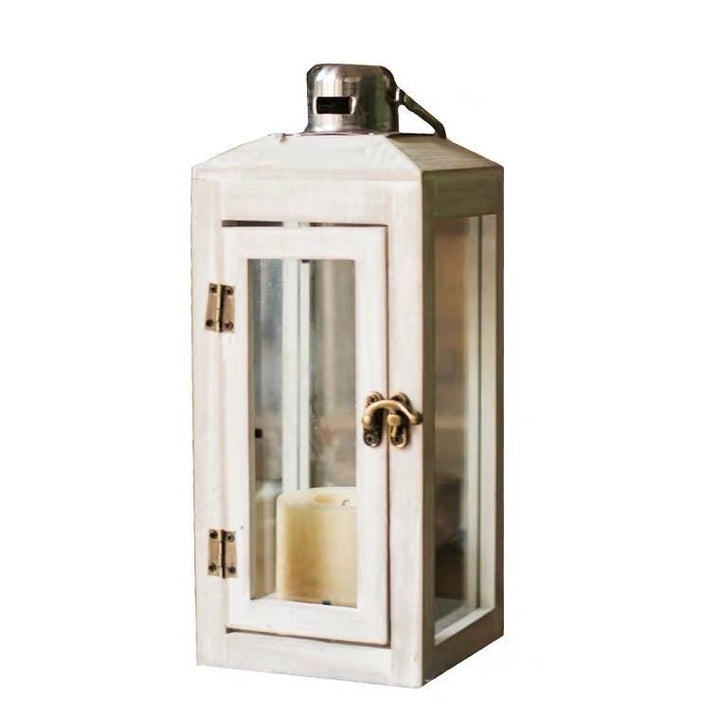 Three-Piece Rustic Whitewashed Wooden Glass Lantern Set with Metal Tops for Candles and Display Kalsten