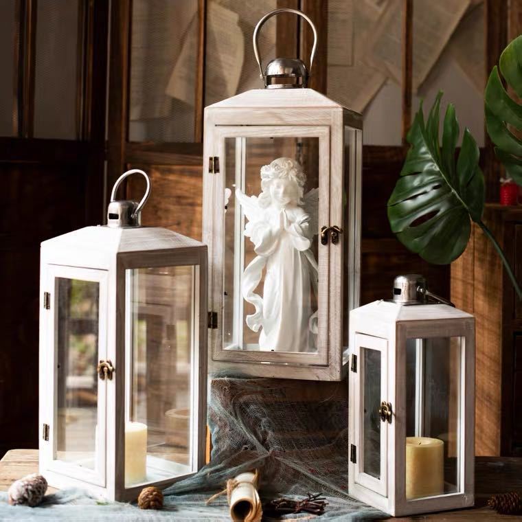 Three-Piece Rustic Whitewashed Wooden Glass Lantern Set with Metal Tops for Candles and Display Kalsten