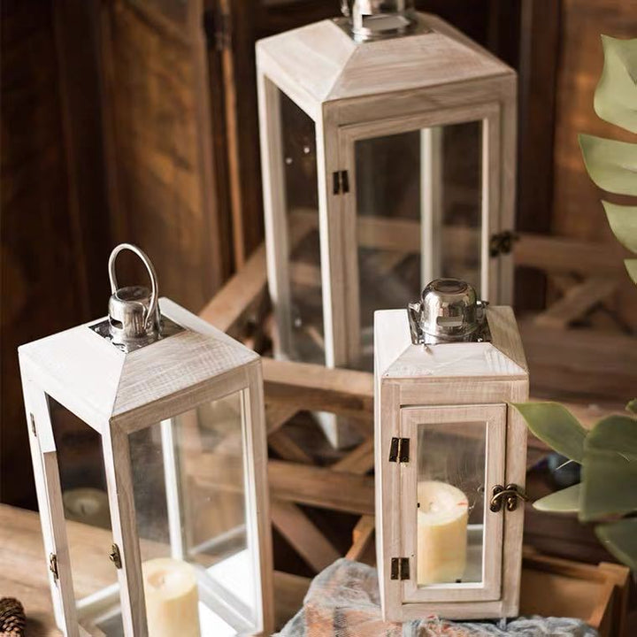Three-Piece Rustic Whitewashed Wooden Glass Lantern Set with Metal Tops for Candles and Display Kalsten