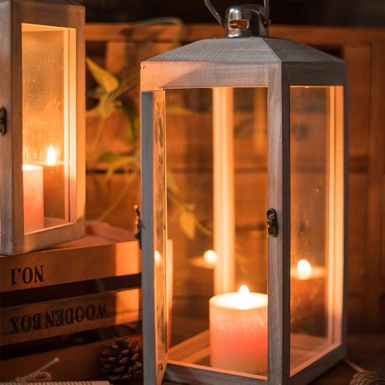 Three-Piece Rustic Whitewashed Wooden Glass Lantern Set with Metal Tops for Candles and Display Kalsten