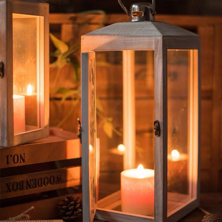 Three-Piece Rustic Whitewashed Wooden Glass Lantern Set with Metal Tops for Candles and Display Kalsten
