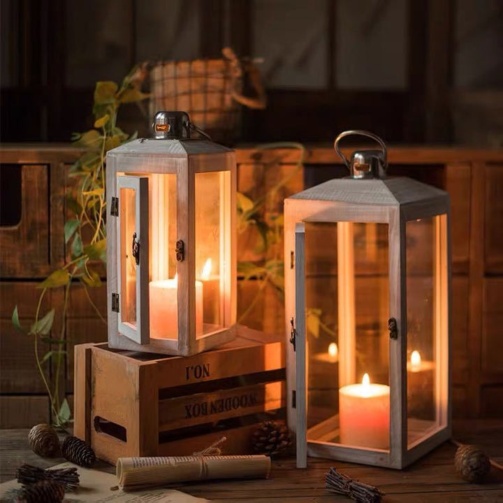 Three-Piece Rustic Whitewashed Wooden Glass Lantern Set with Metal Tops for Candles and Display Kalsten