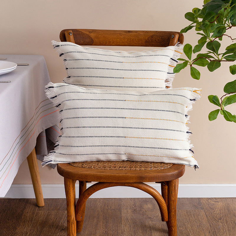 Square woven cushion cover with fine stripes and fringe border Kalsten