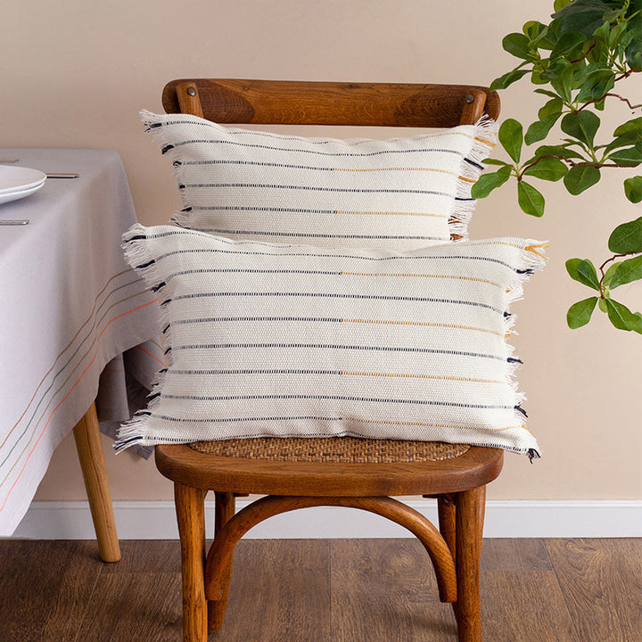 Square woven cushion cover with fine stripes and fringe border Kalsten