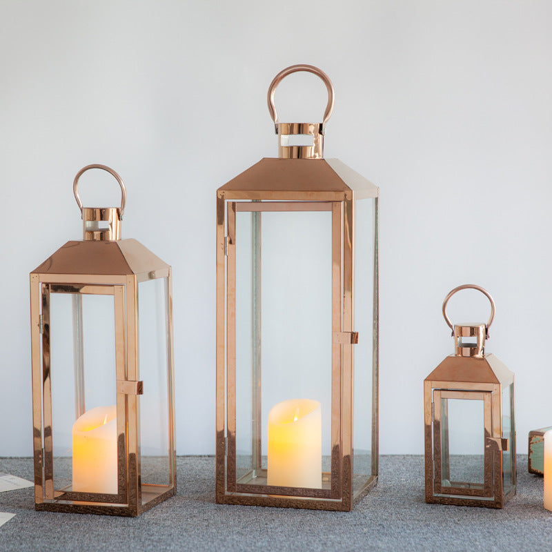 Decorative Gold-Trimmed Glass Lantern Trio with Hinged Door and Carry Ring Kalsten