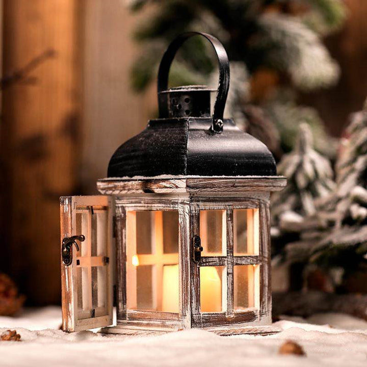 Distressed Wood Glass Candle Lantern with Perforated Metal Top and Vintage Latch Kalsten