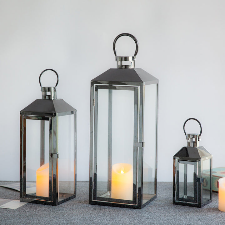 Decorative Gold-Trimmed Glass Lantern Trio with Hinged Door and Carry Ring Kalsten