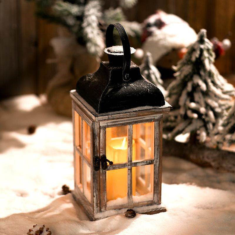 Distressed Wood Glass Candle Lantern with Perforated Metal Top and Vintage Latch Kalsten