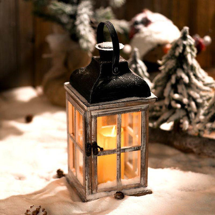Distressed Wood Glass Candle Lantern with Perforated Metal Top and Vintage Latch Kalsten
