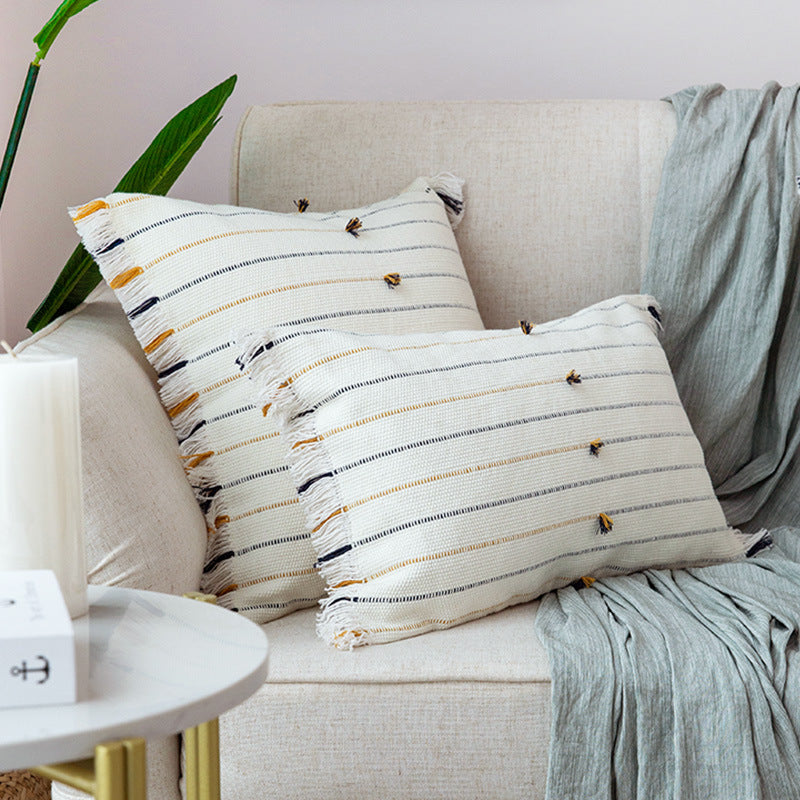 Square woven cushion cover with fine stripes and fringe border Kalsten