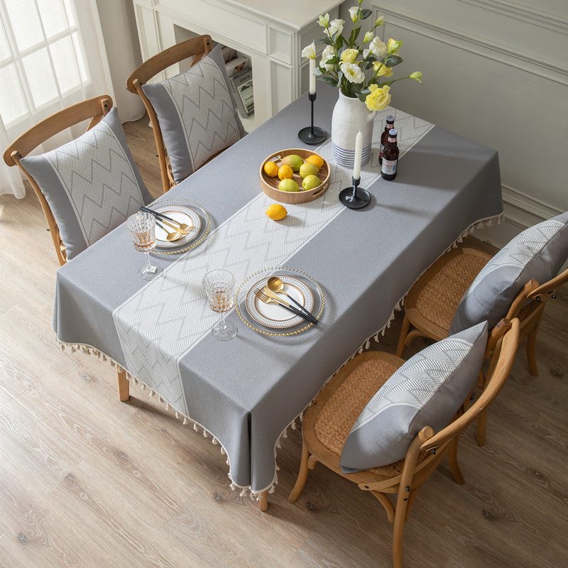 Textured Woven Tablecloth with Decorative Fringe