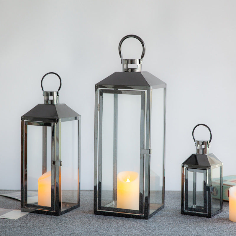 Decorative Gold-Trimmed Glass Lantern Trio with Hinged Door and Carry Ring Kalsten