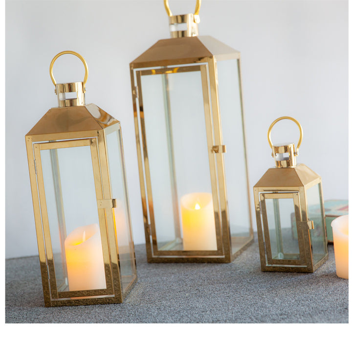 Decorative Gold-Trimmed Glass Lantern Trio with Hinged Door and Carry Ring Kalsten