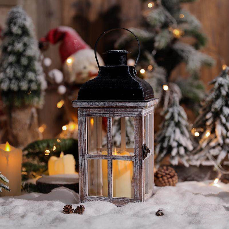 Distressed Wood Glass Candle Lantern with Perforated Metal Top and Vintage Latch Kalsten