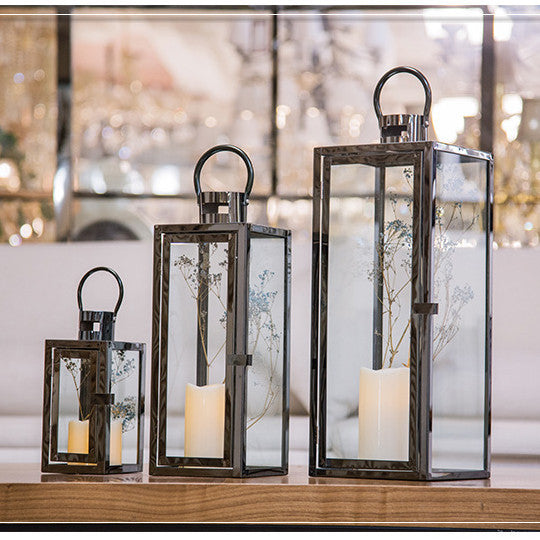 Stainless-Steel Glass Panel Rectangular Lanterns with Ring Handles and Hinged Door Kalsten