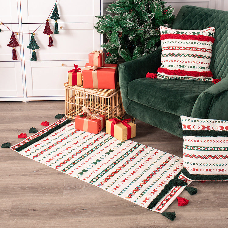 Flat-woven runner rug with Nordic Christmas pattern, tassels and cotton blend Kalsten
