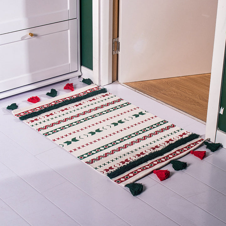 Flat-woven runner rug with Nordic Christmas pattern, tassels and cotton blend Kalsten