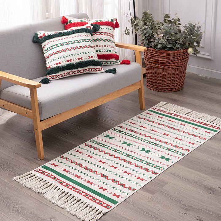 Flat-woven runner rug with Nordic Christmas pattern, tassels and cotton blend Kalsten