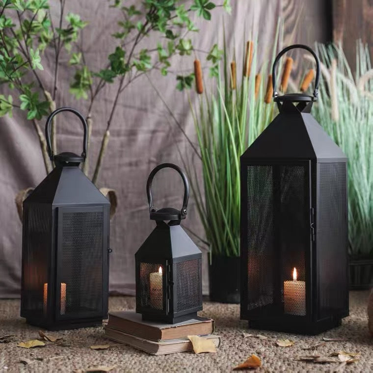 Decorative Mesh Metal Candle Lantern Trio with Hinged Door and Carry Handle Kalsten
