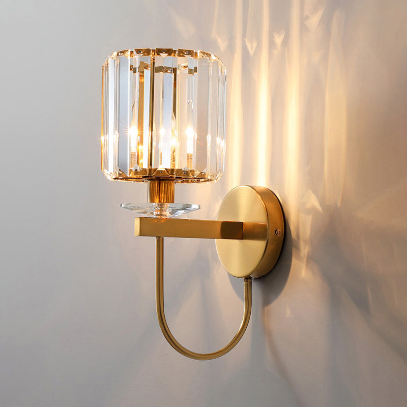 Cylindrical Crystal Wall Lighting Postmodern 1 Head Gold Finish Sconce with Curved Arm | Kalsten