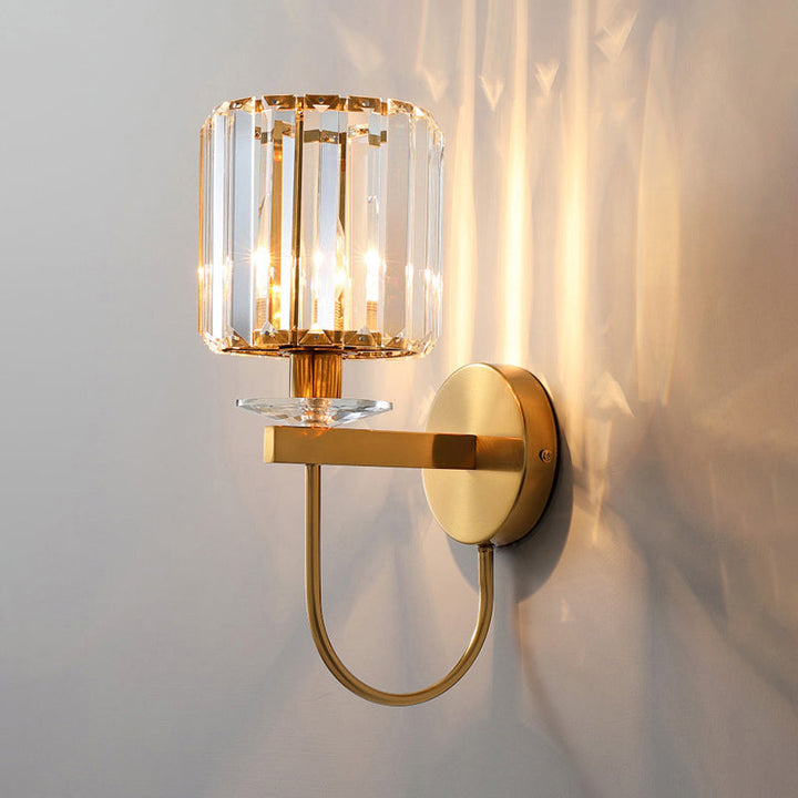 Cylindrical Crystal Wall Lighting Postmodern 1 Head Gold Finish Sconce with Curved Arm | Kalsten