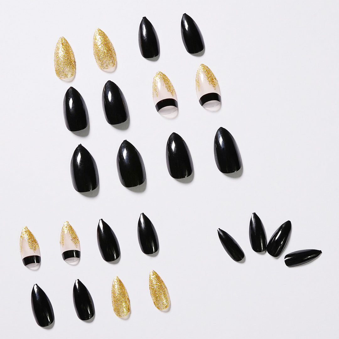 Artistic Nail Extensions with Black Gloss and Elegant Accents Kalsten