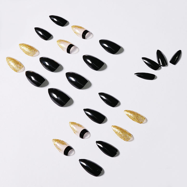 Artistic Nail Extensions with Black Gloss and Elegant Accents Kalsten