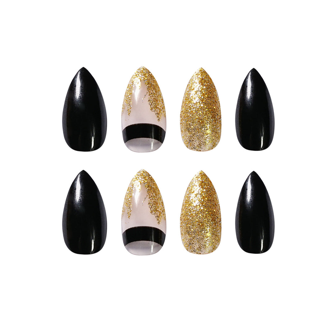Artistic Nail Extensions with Black Gloss and Elegant Accents Kalsten
