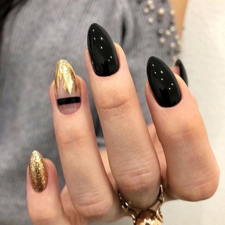 Artistic Nail Extensions with Black Gloss and Elegant Accents Kalsten