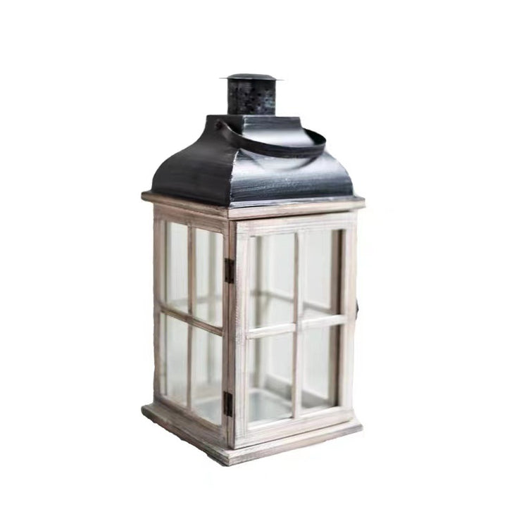 Vintage Farmhouse Glass-Paneled Wooden Lantern with Metal Roof Candle Holder Kalsten