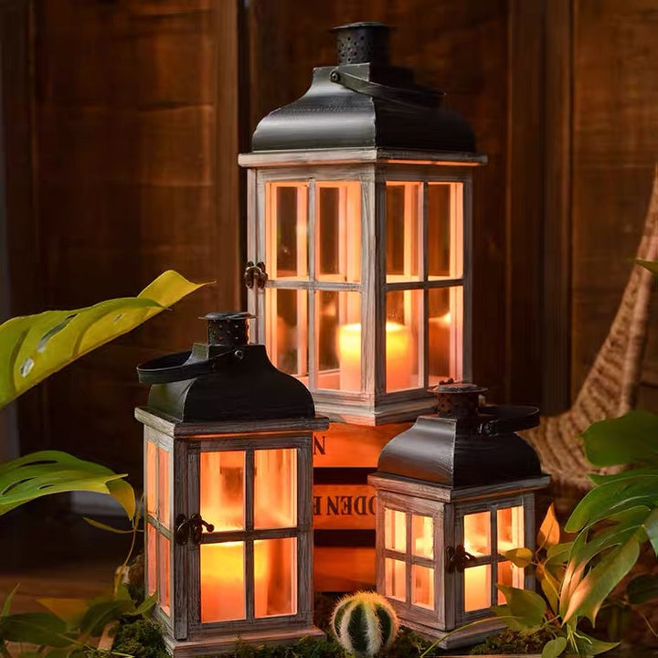 Vintage Farmhouse Glass-Paneled Wooden Lantern with Metal Roof Candle Holder Kalsten