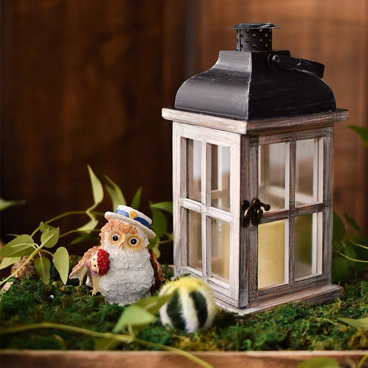 Vintage Farmhouse Glass-Paneled Wooden Lantern with Metal Roof Candle Holder Kalsten