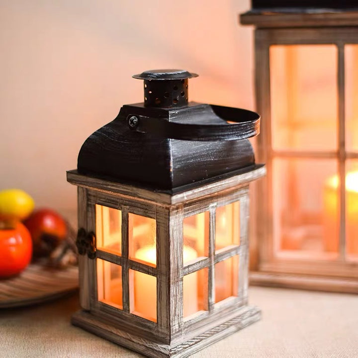 Vintage Farmhouse Glass-Paneled Wooden Lantern with Metal Roof Candle Holder Kalsten