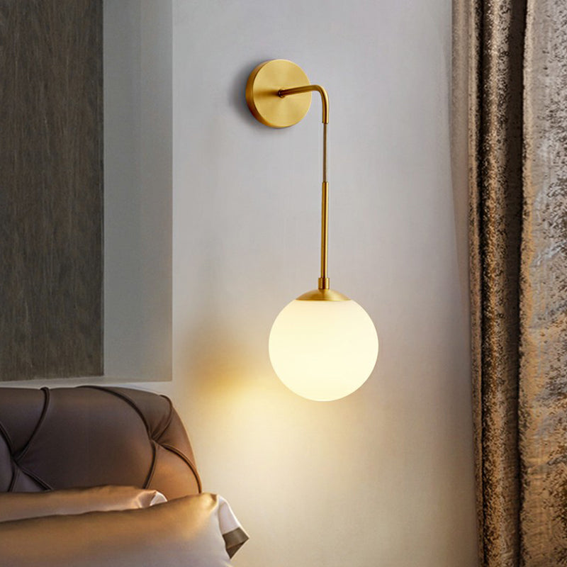Global Wall Light Fixture Simplicity White Glass 1 Bulb Bedroom Sconce Lamp in Brass | Kalsten