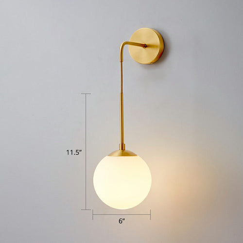 Global Wall Light Fixture Simplicity White Glass 1 Bulb Bedroom Sconce Lamp in Brass | Kalsten