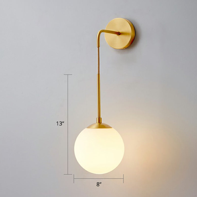 Global Wall Light Fixture Simplicity White Glass 1 Bulb Bedroom Sconce Lamp in Brass | Kalsten