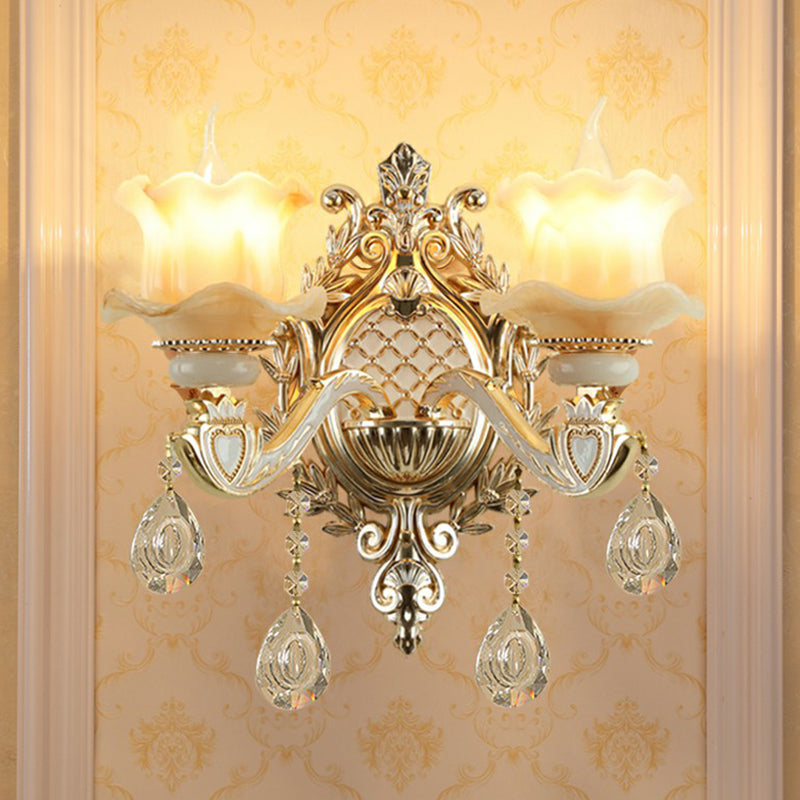 Jade Wall Mount Light Traditional Beige Flower Corridor Wall Sconce with Crystal Drop | Kalsten