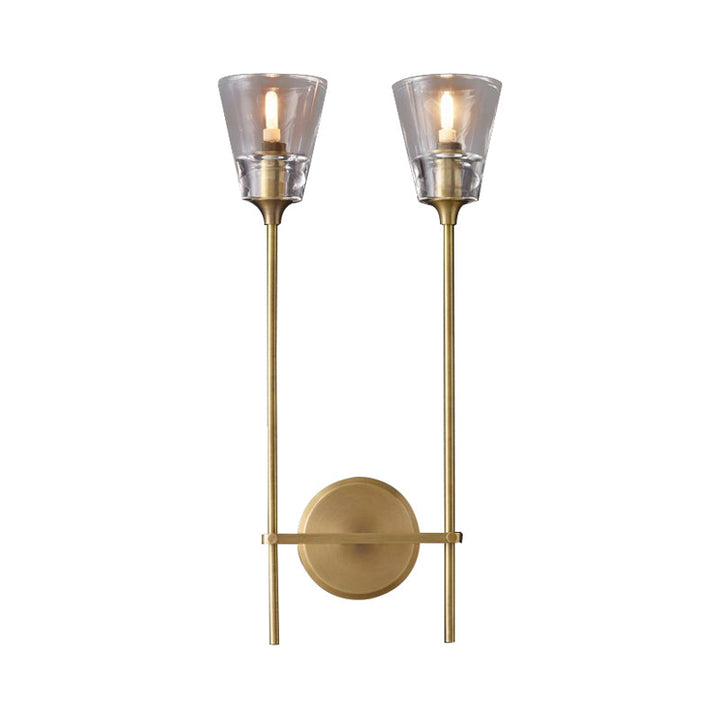 Black/Brass Finish Pencil Arm Wallchiere Vintage Metallic 1/2 Bulbs Wall Lamp with Clear Tapered Glass Shade | Kalsten
