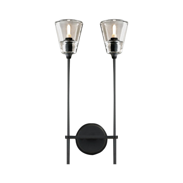 Black/Brass Finish Pencil Arm Wallchiere Vintage Metallic 1/2 Bulbs Wall Lamp with Clear Tapered Glass Shade | Kalsten
