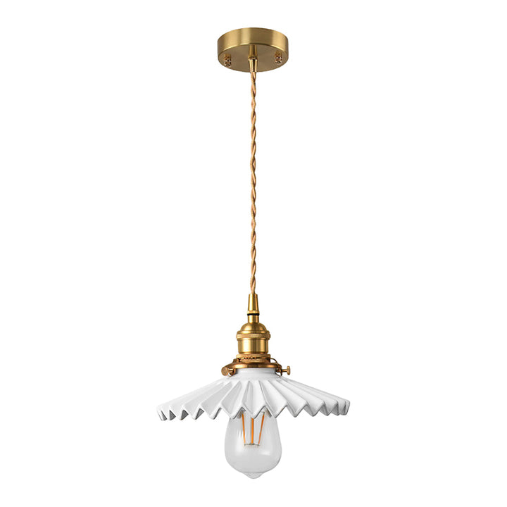 Vintage ceramic pendant lamp with pleated design – brass LED pendant light for dining room and living room | Noxord