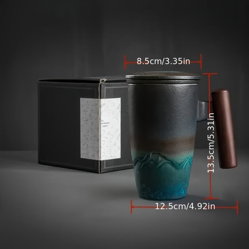 Kalsten | TeaCraft Ceramic Mug | Handmade | With Tea Infuser & Wooden Handle | Retro Design
