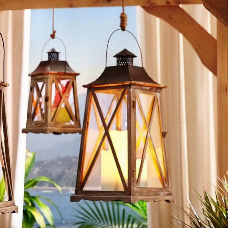Hanging Rustic Metal and Glass Lantern Candle Holder with LED Flameless Pillar Effect Kalsten