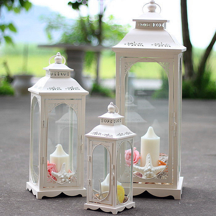 Nesting Coastal Ornate Metal and Glass Candle Lanterns for Tabletop Decor Kalsten