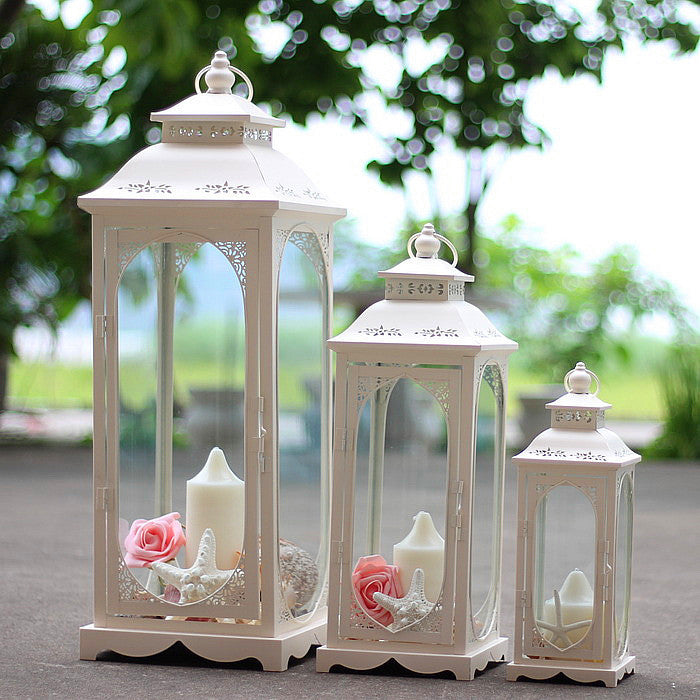 Nesting Coastal Ornate Metal and Glass Candle Lanterns for Tabletop Decor Kalsten