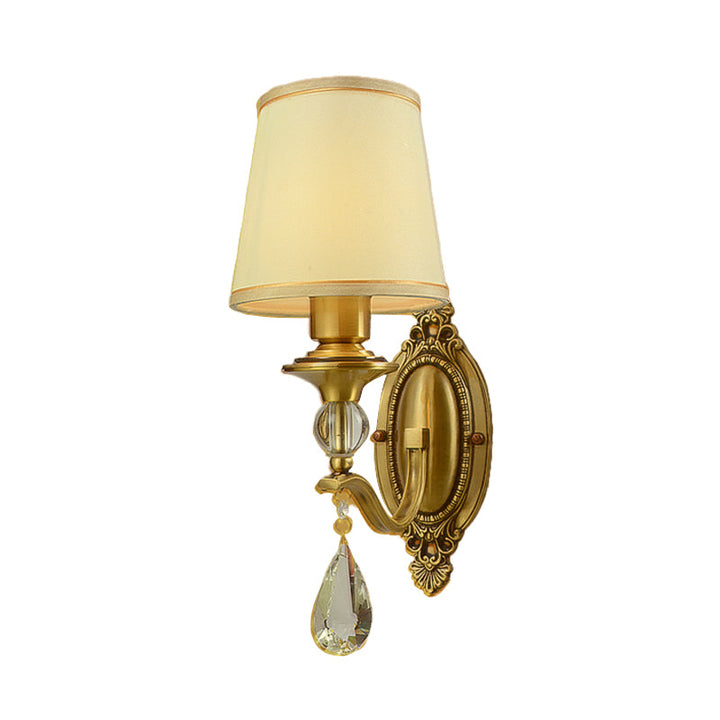 Traditionalism Conical Wall Mount Lamp 1/2 Heads Fabric Wall Sconce Lighting in Gold with Dangling Crystal | Kalsten