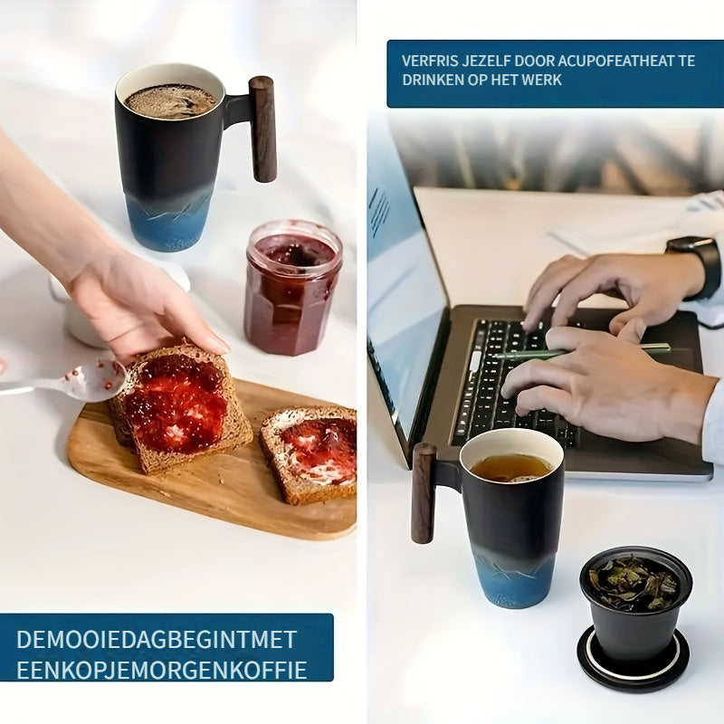 Kalsten | TeaCraft Ceramic Mug | Handmade | With Tea Infuser & Wooden Handle | Retro Design