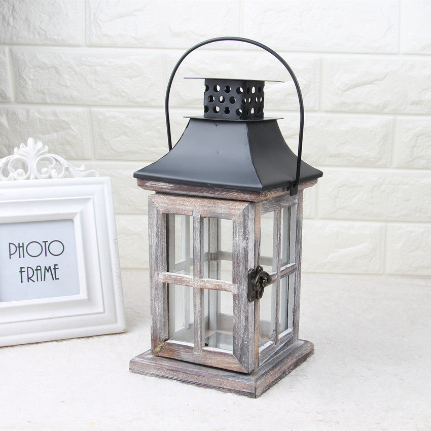 Antique-Style Glass Pane Window Lantern with Distressed Wood Frame and Vented Metal Roof Kalsten