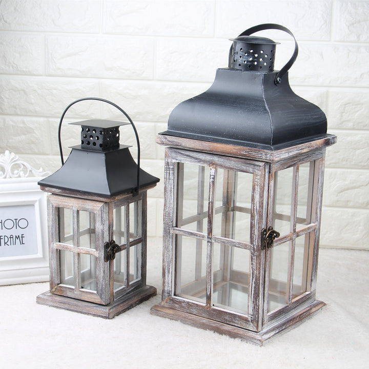 Hand-Finished Weathered Wood Windowpane Lanterns with Metal Roof and Glass Panels Set Kalsten